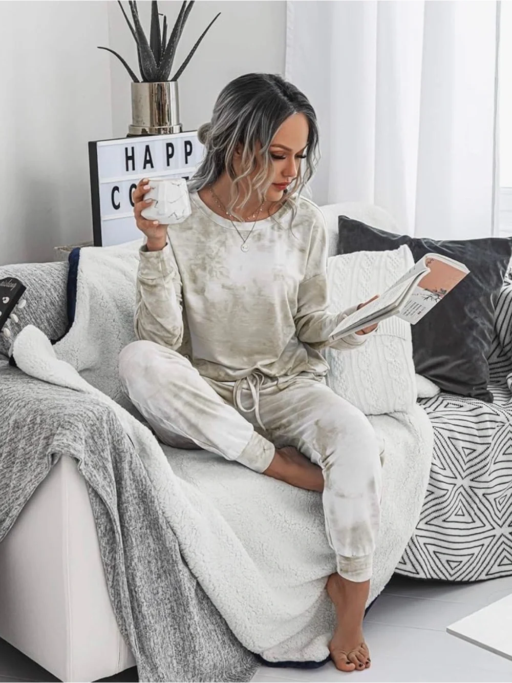 Women's Two Piece Loungewear Casual Tie-Dye Set - Cream Matching Outfit - Picture 4 of 6